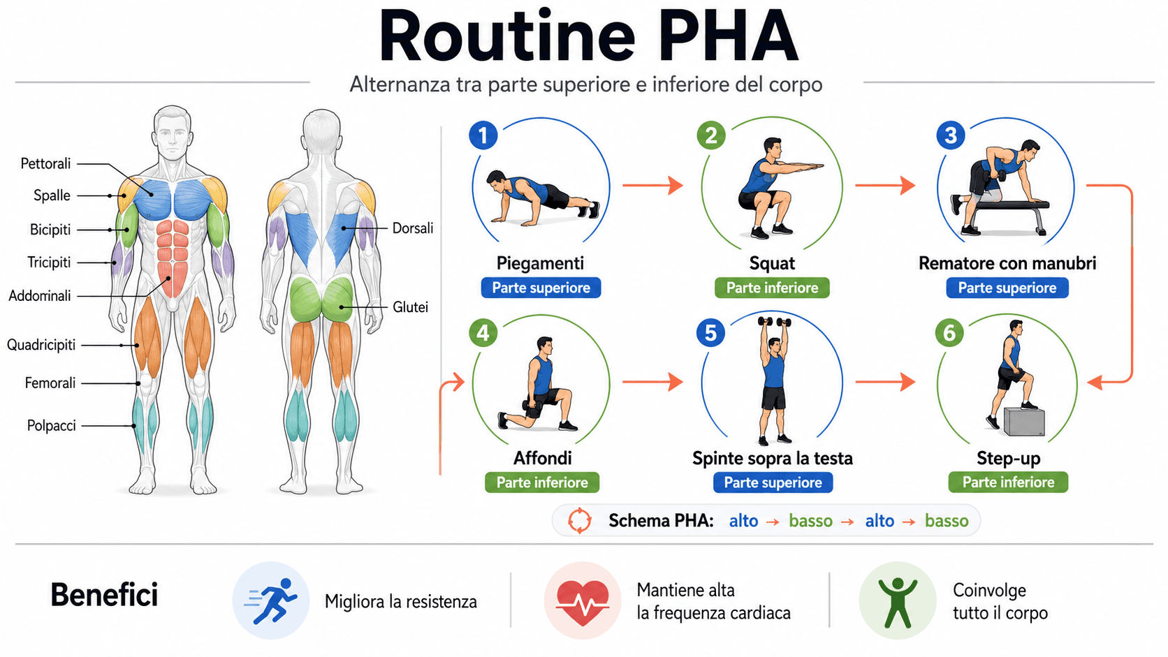 Schema di allenamento PHA con esercizi per diverse parti del corpo