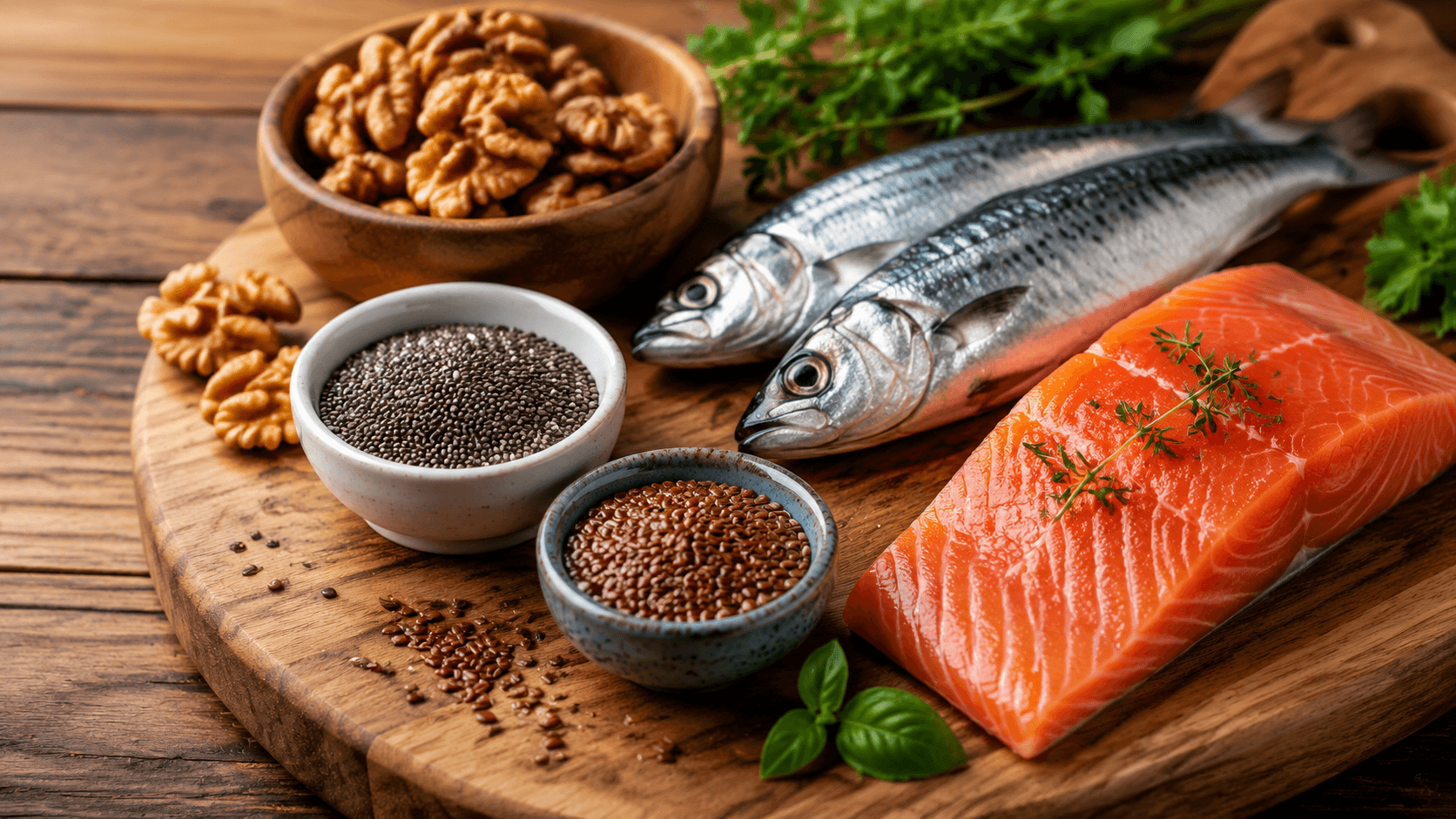 Fonti alimentari naturali di omega 3 disposte elegantemente