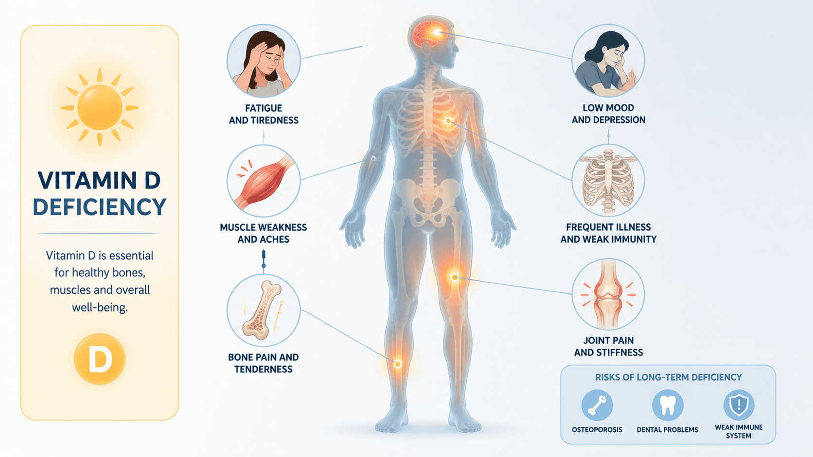 Sintomi fisici della carenza di vitamina D illustrati
