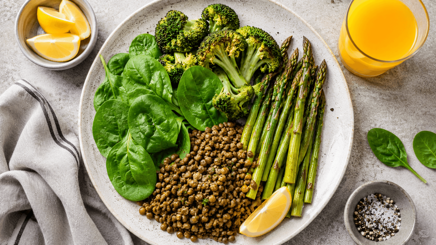Alimenti naturalmente ricchi di folati disposti su piatto